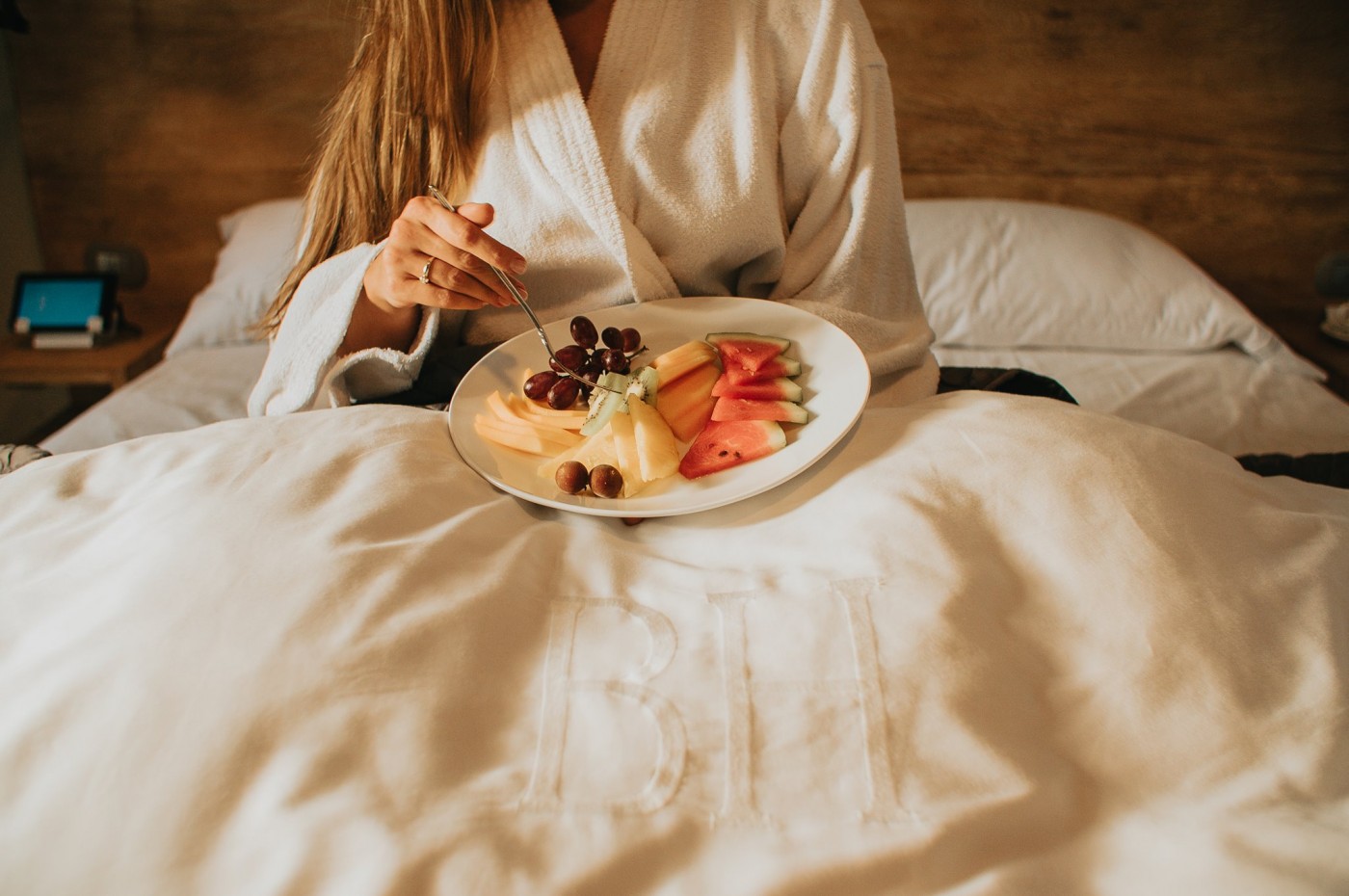morgenmad på sengen på Billini Hotel, Santo Domingo, Den Dominikanske Republik