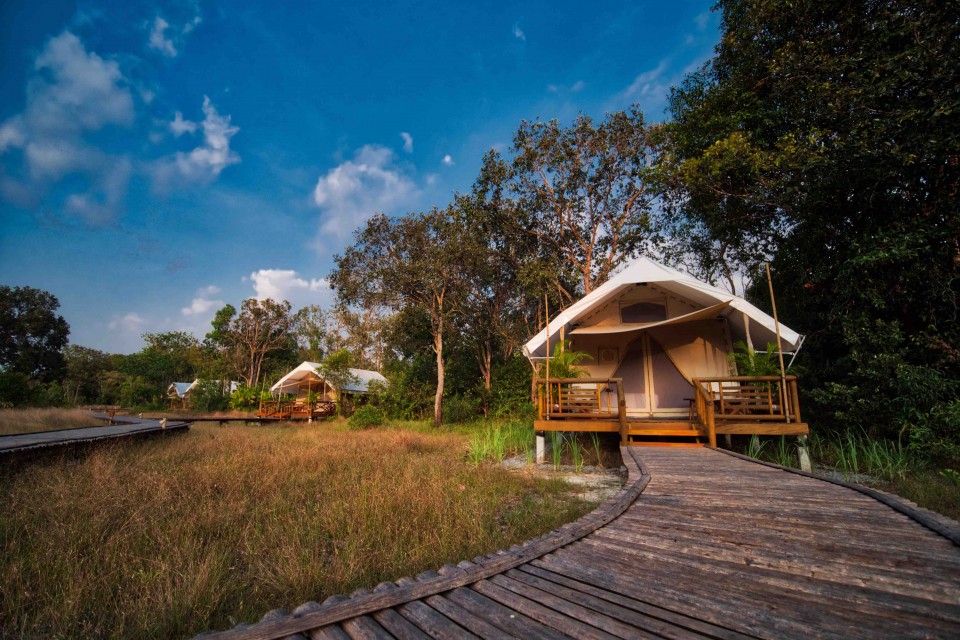 telte og walkways på Cardamom Tented Camp, Cambodja
